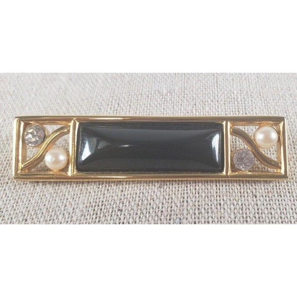 Brooch Pin - Signed Monet - Rectangle - Faux Pearls Rhinestones  Black Gold Tone - Picture 3 of 9